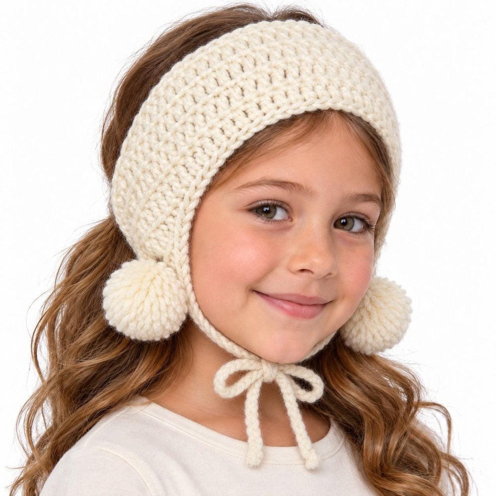 Handmade Cream Crochet Headband Ear Warmer Pom Pom Tie-On Winter Accessory